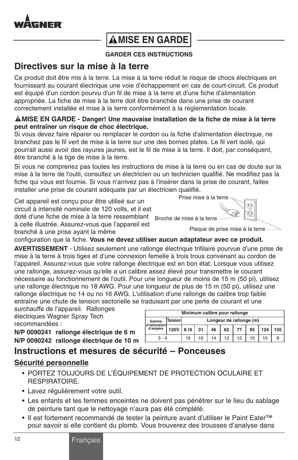 Directives sur la mise à la terre, Instructions et mesures de sécurité – ponceuses, Sécurité personnelle | Français, Mise en garde | Wagner PaintEater User Manual | Page 12 / 24