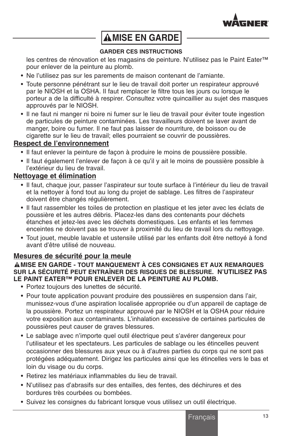 Mise en garde | Wagner PaintEater User Manual | Page 13 / 24