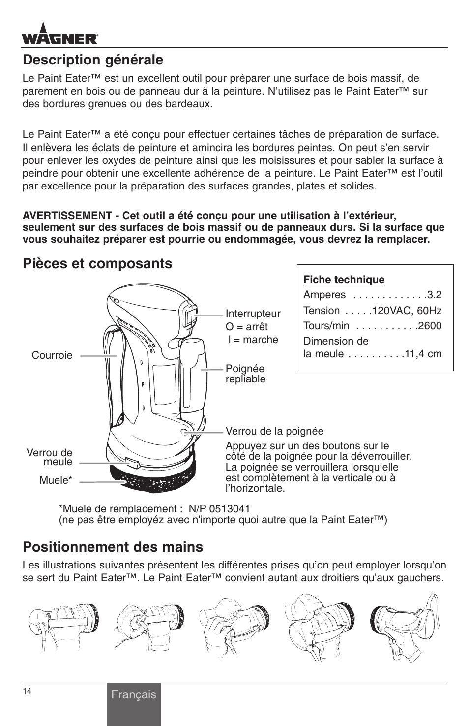 Positionnement des mains, Description générale, Pièces et composants | Wagner PaintEater User Manual | Page 14 / 24