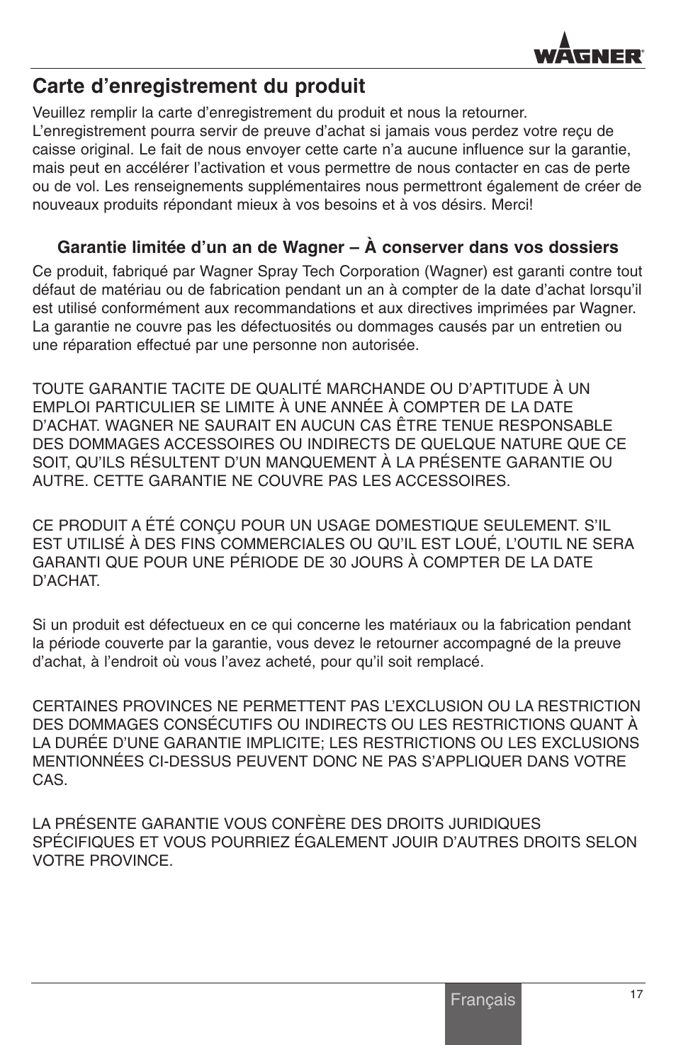 Carte d’enregistrement du produit | Wagner PaintEater User Manual | Page 17 / 24