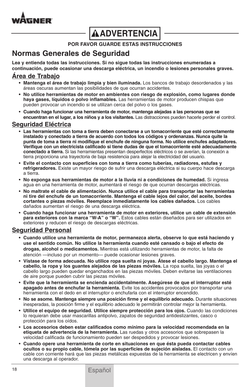 Advertencia, Normas generales de seguridad, Área de trabajo | Seguridad eléctrica, Seguridad personal, Español | Wagner PaintEater User Manual | Page 18 / 24