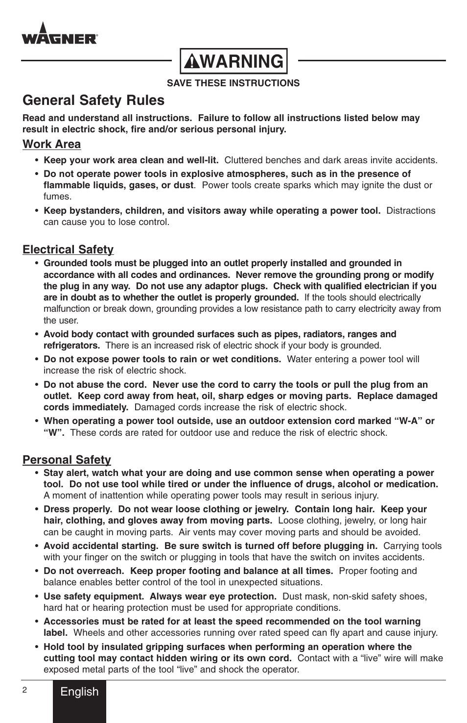 Warning, General safety rules, English | Work area, Electrical safety, Personal safety | Wagner PaintEater User Manual | Page 2 / 24