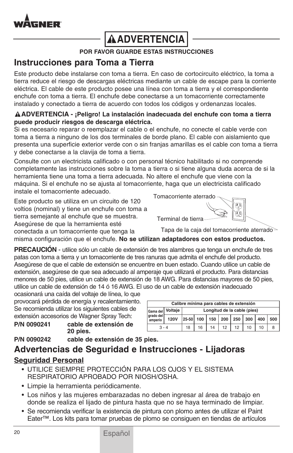 Advertencia, Instrucciones para toma a tierra, Seguridad personal | Español | Wagner PaintEater User Manual | Page 20 / 24