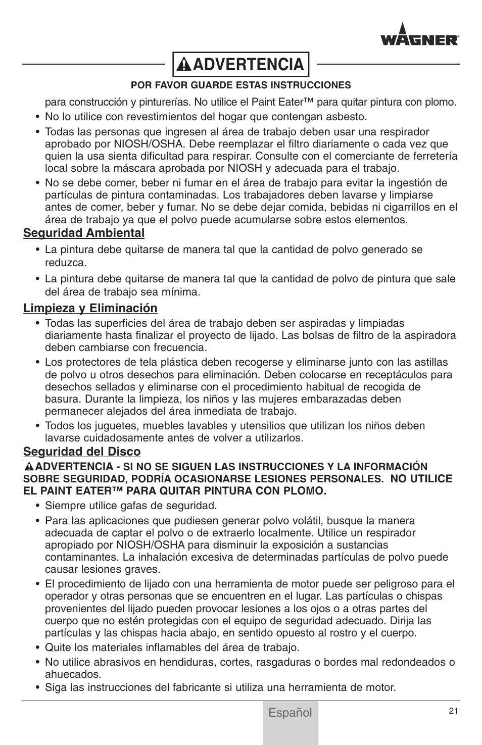 Advertencia | Wagner PaintEater User Manual | Page 21 / 24