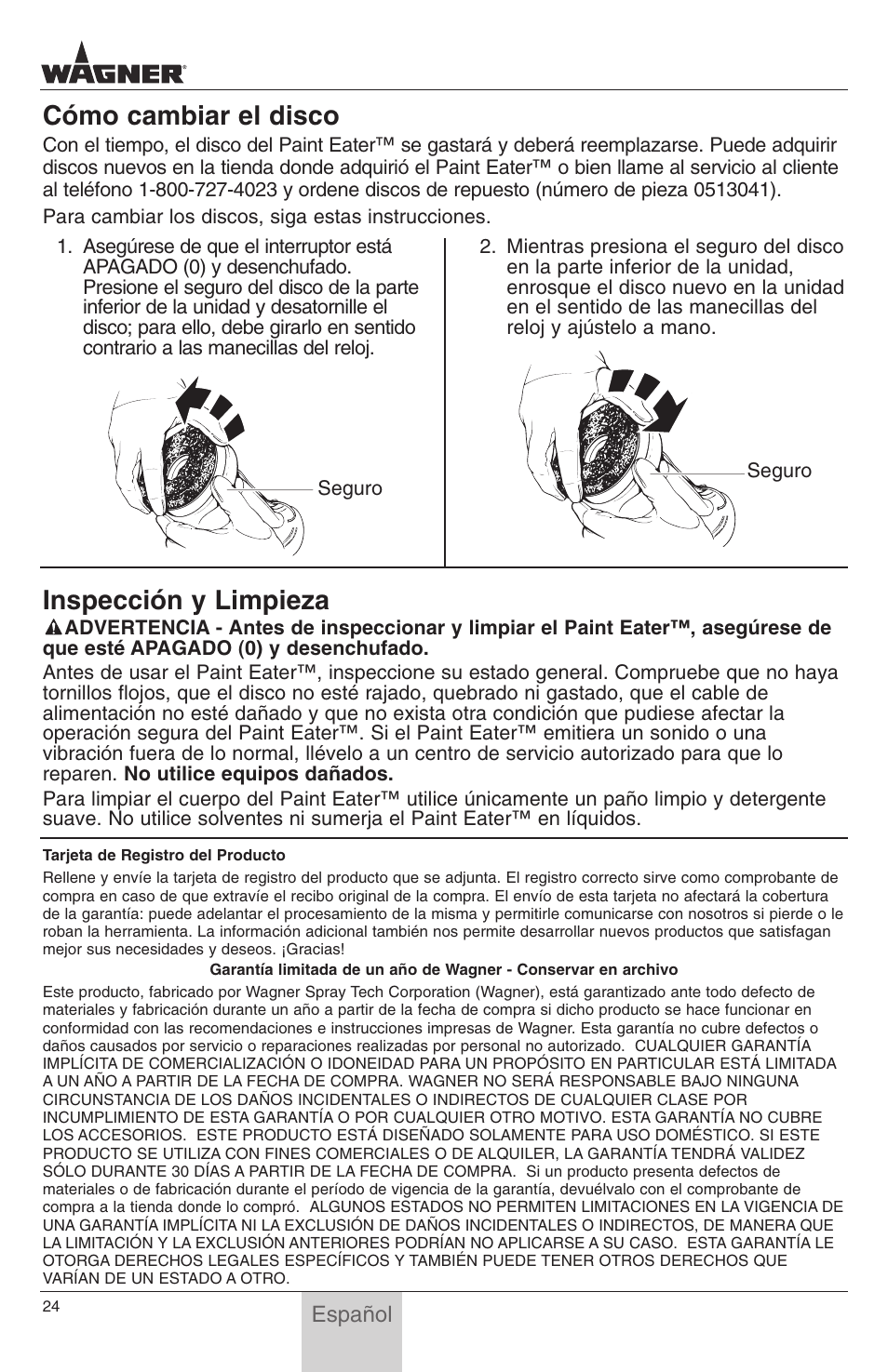 Cómo cambiar el disco, Inspección y limpieza, Español | Wagner PaintEater User Manual | Page 24 / 24