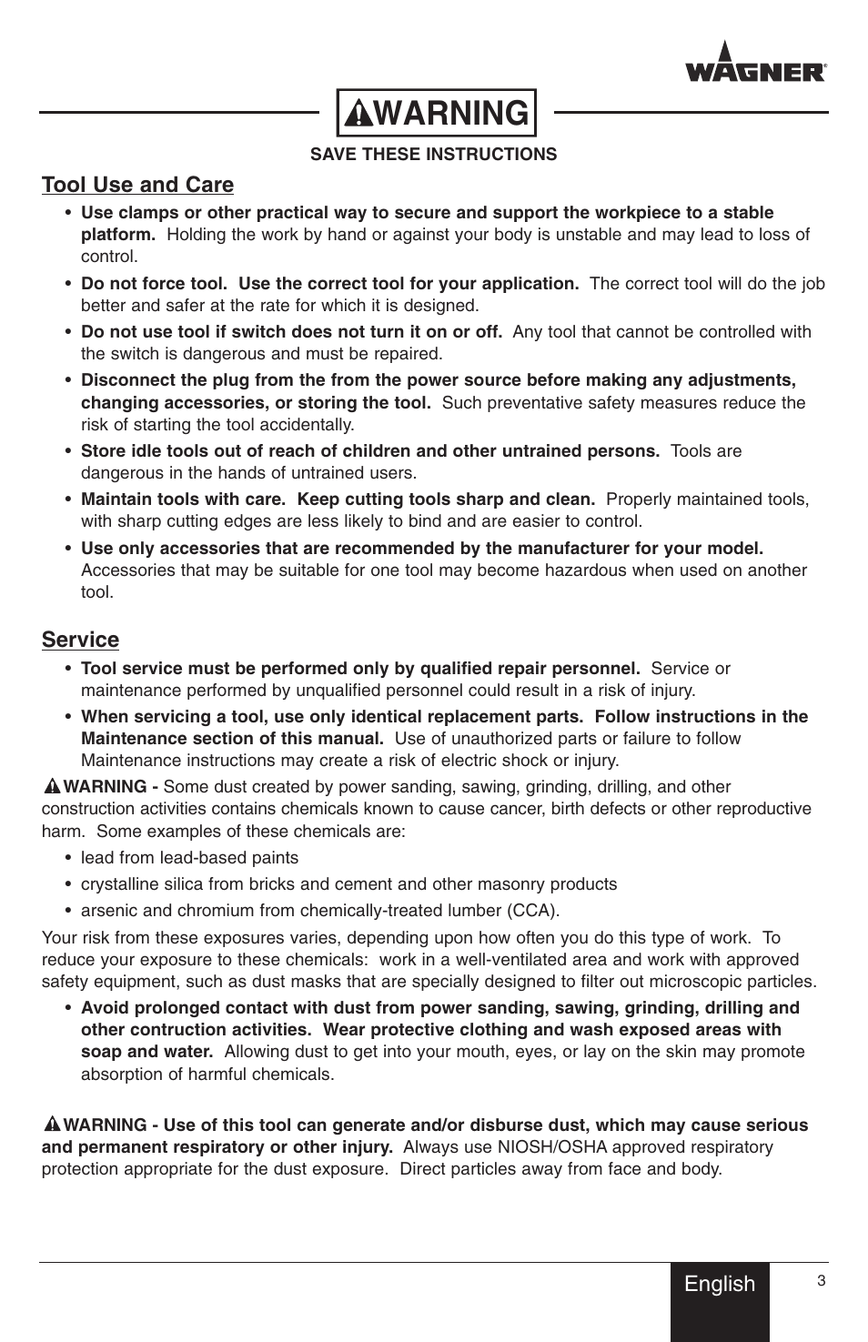 Warning, English, Tool use and care | Service | Wagner PaintEater User Manual | Page 3 / 24