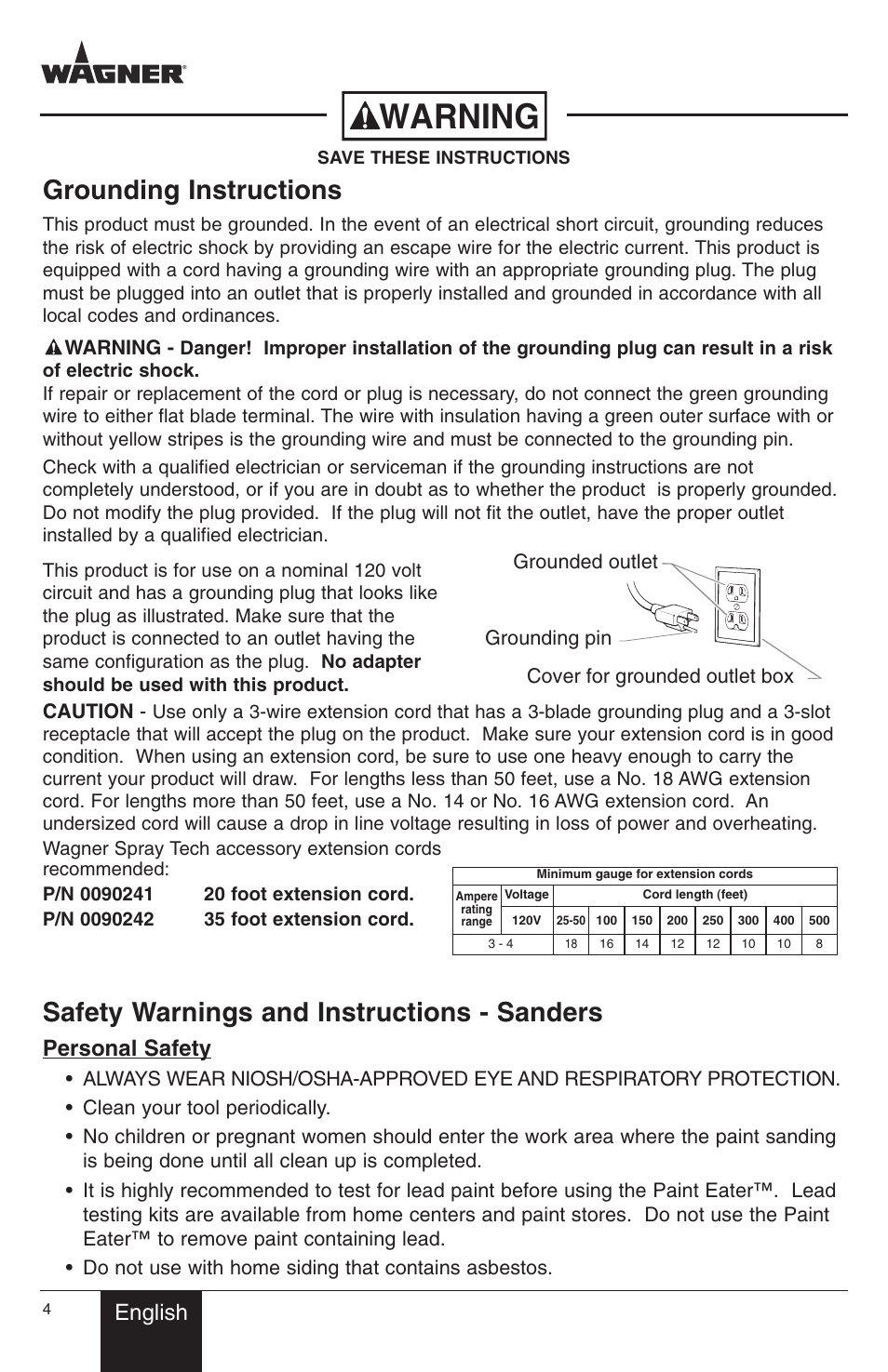 Warning, Grounding instructions, Safety warnings and instructions - sanders | English, Personal safety | Wagner PaintEater User Manual | Page 4 / 24