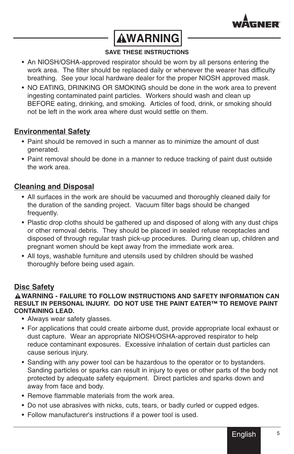 Warning | Wagner PaintEater User Manual | Page 5 / 24