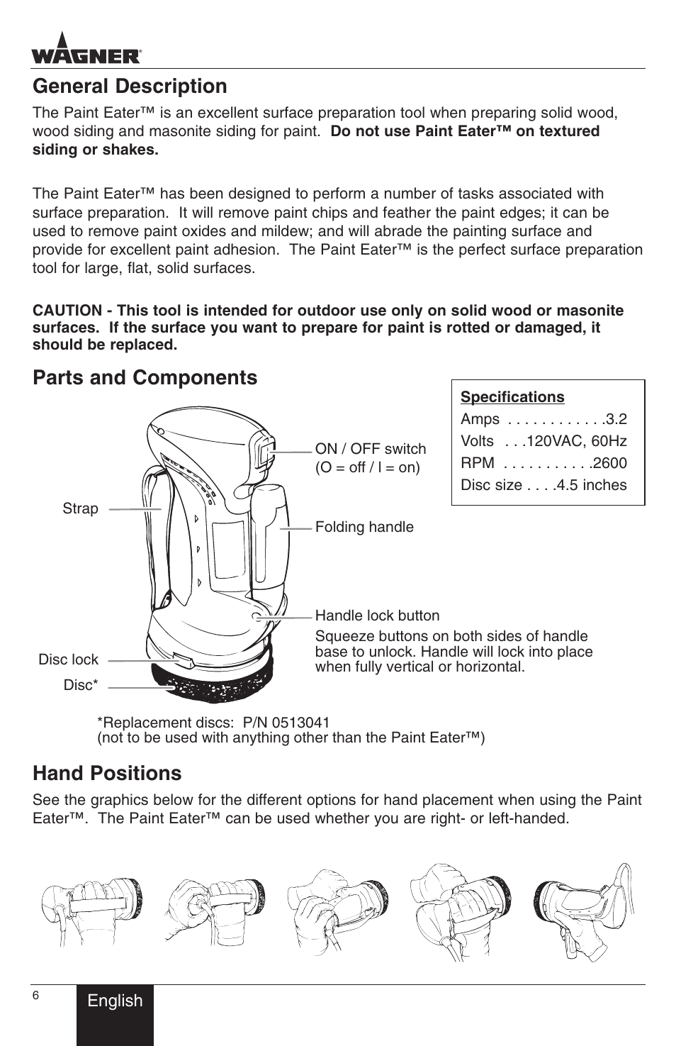 General description, Parts and components, Hand positions | Wagner PaintEater User Manual | Page 6 / 24