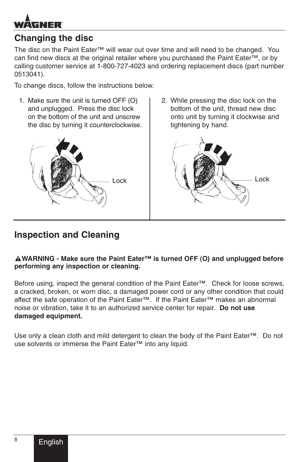 Changing the disc, Inspection and cleaning | Wagner PaintEater User Manual | Page 8 / 24