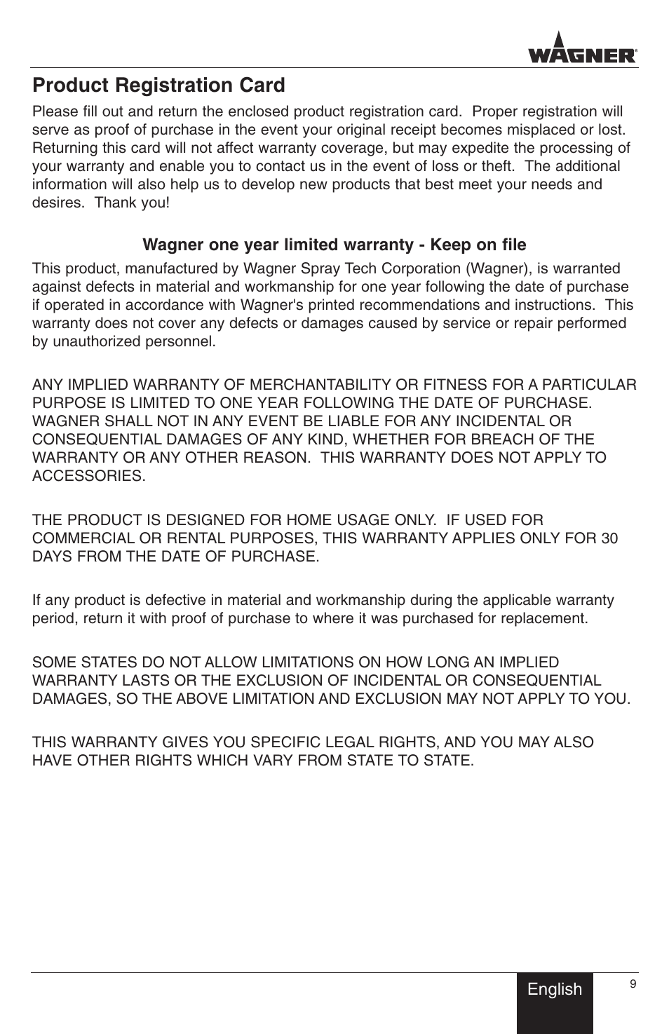 Product registration card | Wagner PaintEater User Manual | Page 9 / 24