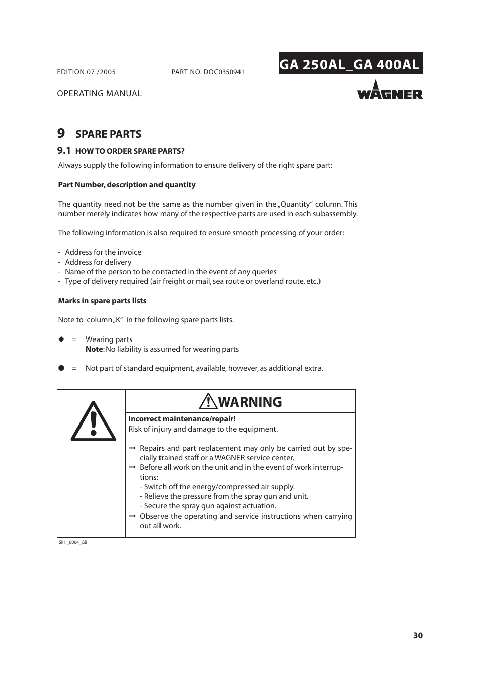 Spare parts | Wagner SprayTech GA 400AL User Manual | Page 30 / 40