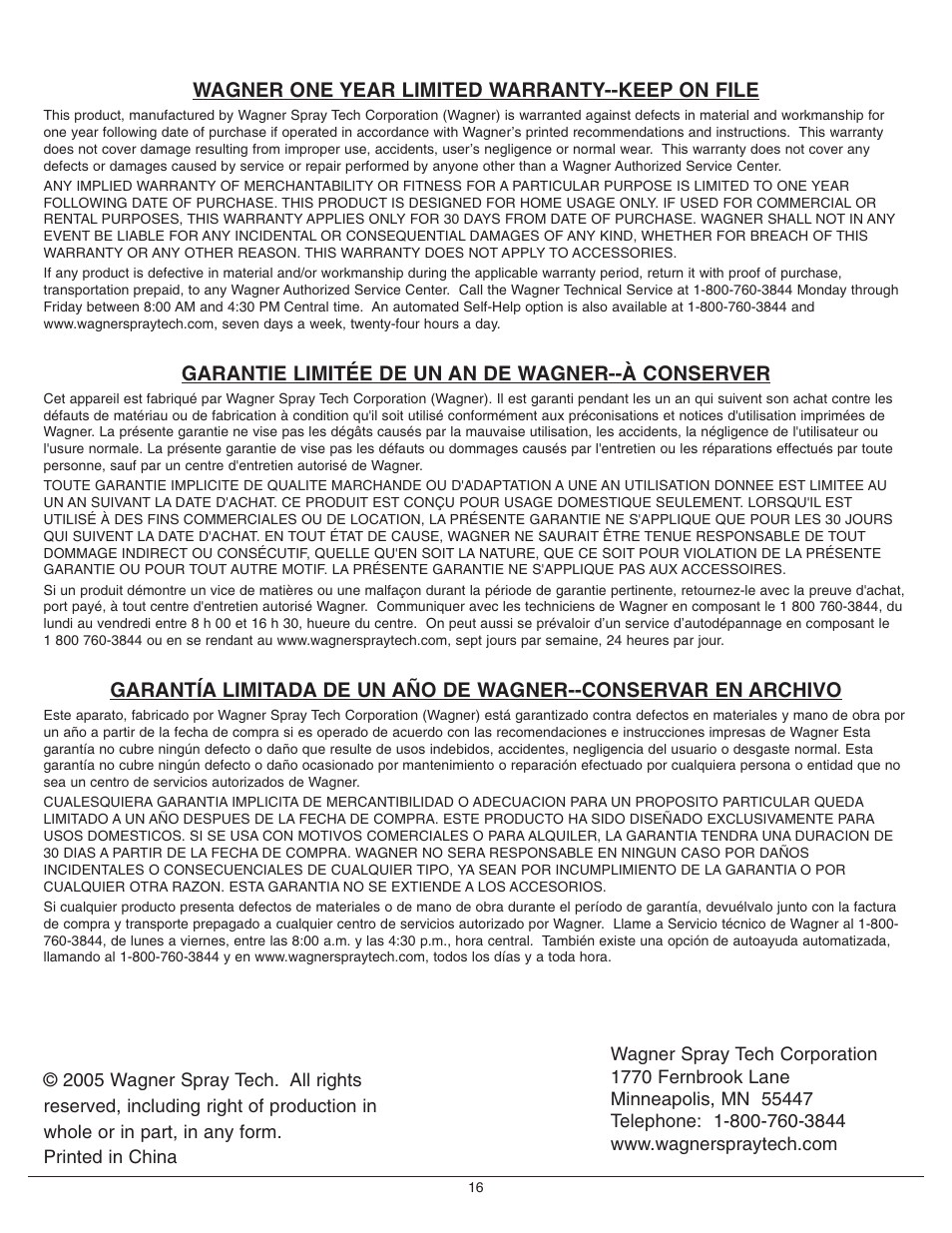 Warranty, Wagner one year limited warranty--keep on file, Garantie limitée de un an de wagner--à conserver | Wagner PaintMate Plus User Manual | Page 16 / 16