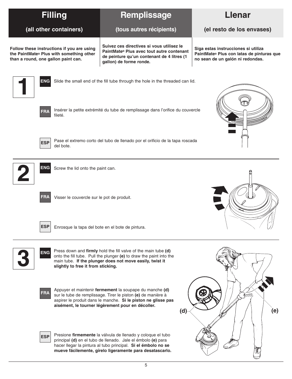 Filling - all other containers, Filling (all other containers), Remplissage (tous autres récipients) | Llenar (el resto de los envases), Remplissage filling llenar | Wagner PaintMate Plus User Manual | Page 5 / 16