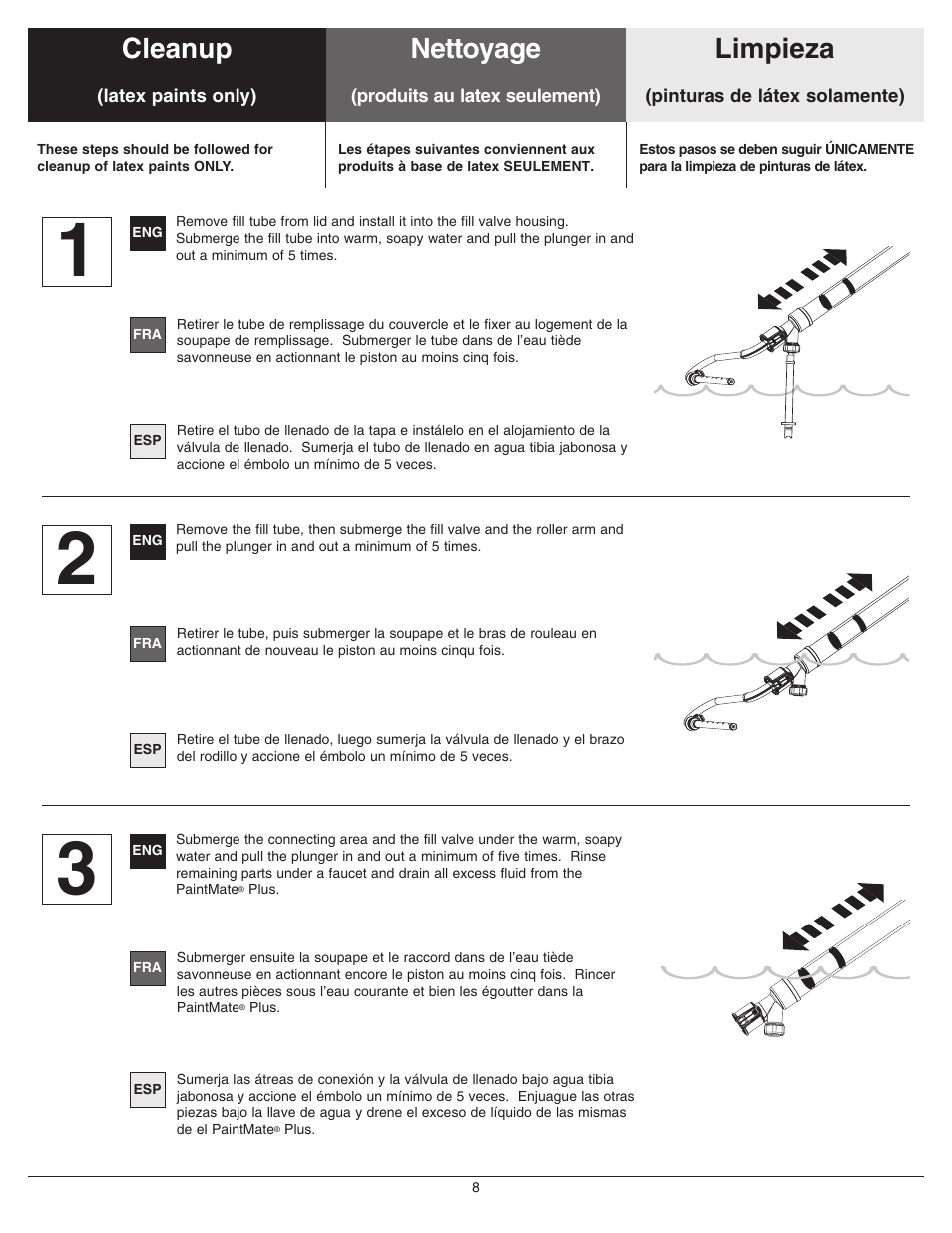 Cleanup - latex paints only, Cleanup -9, Cleanup for latex paints | Nettoyage -9, Nettoyage (produits au latex seulement), Limpieza -9, Limpieza (pinturas de látex solamente), Nettoyage cleanup limpieza | Wagner PaintMate Plus User Manual | Page 8 / 16