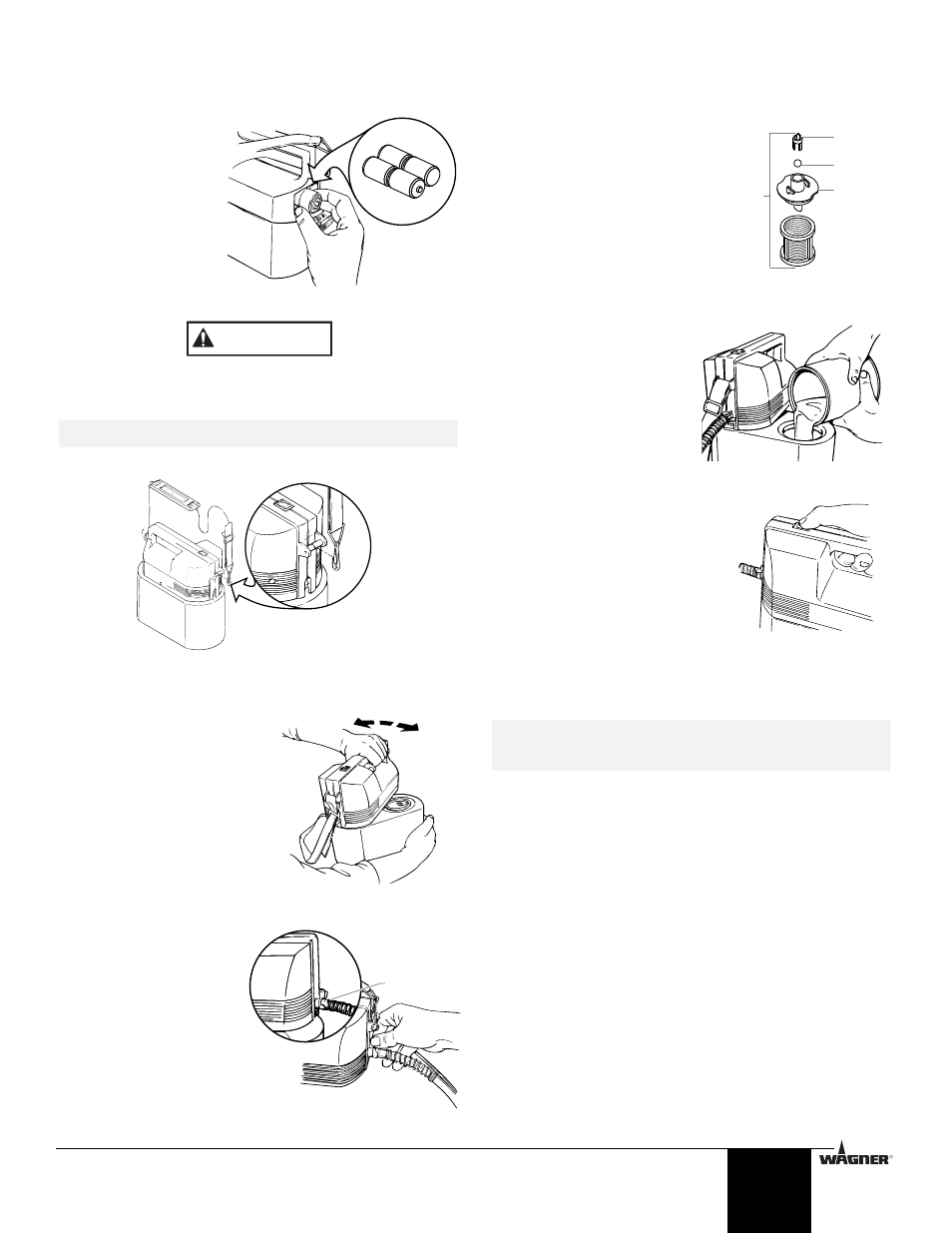 Assembling the roller, Installing the batteries and attaching the strap, Attaching the fluid hose | Filling the fluid tank, Using the roller, Pump on/off switch, Applying paint, Pump on/off switch applying paint, Caution, English | Wagner Cordless Power Roller User Manual | Page 3 / 16