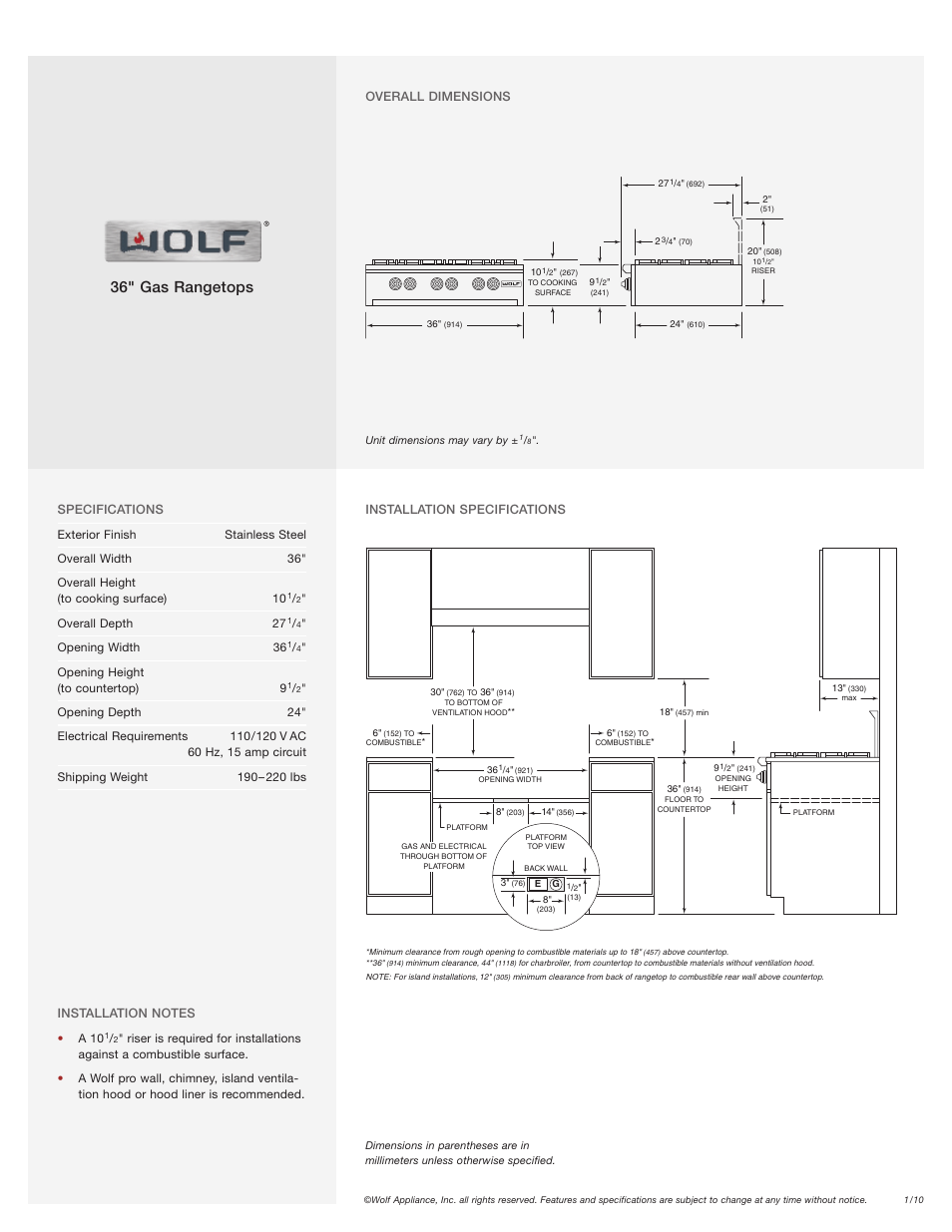 36" gas rangetops | Wolf Appliance Company RT364G User Manual | Page 2 / 2