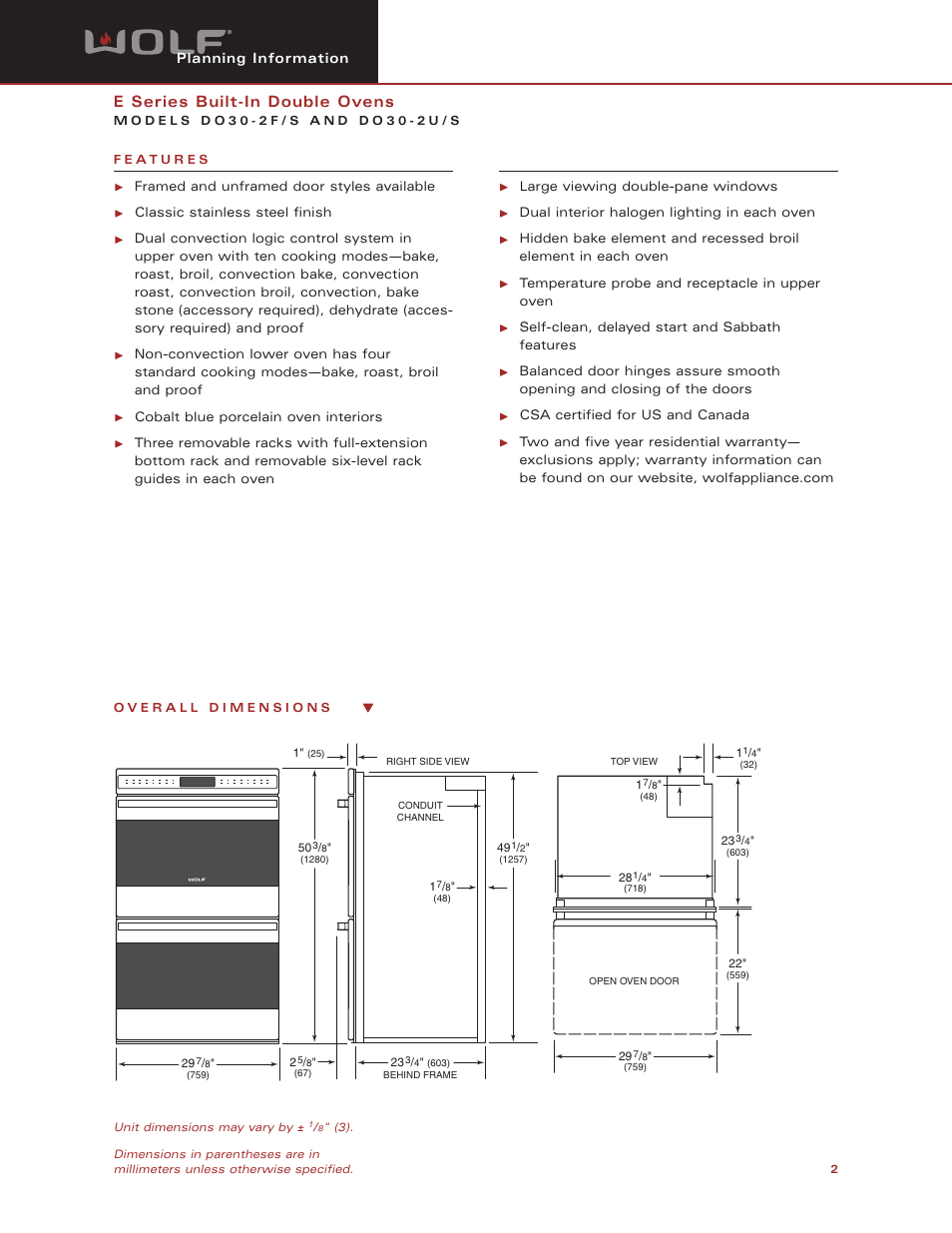 E series built-in double ovens | Wolf Appliance Company DO30-2S User Manual | Page 2 / 7