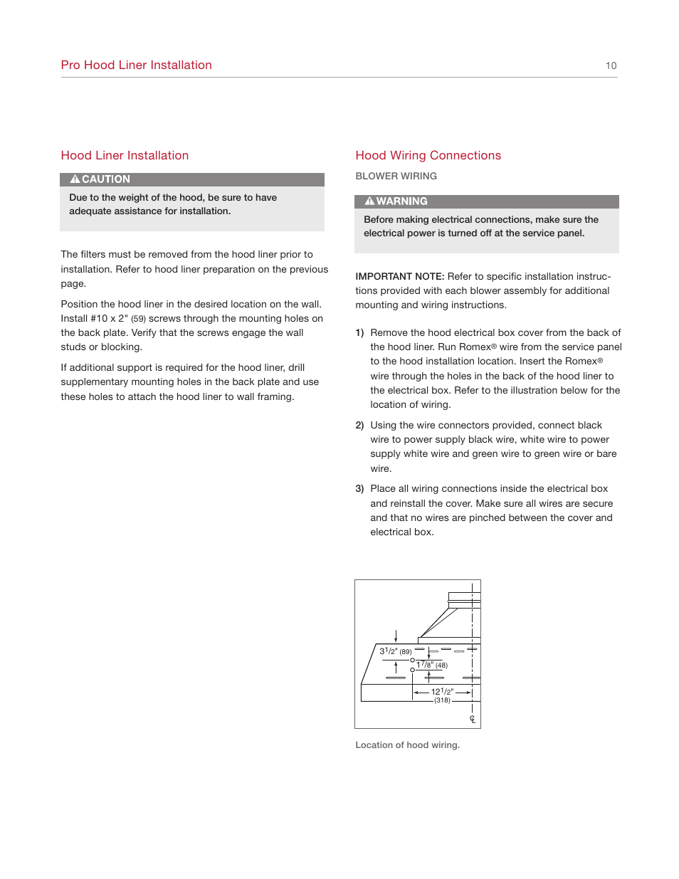 Pro hood liner installation, Hood wiring connections, Hood liner installation | Wolf Appliance Company L342212 User Manual | Page 10 / 16