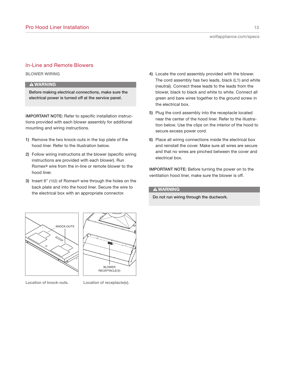 Pro hood liner installation, In-line and remote blowers | Wolf Appliance Company L342212 User Manual | Page 13 / 16