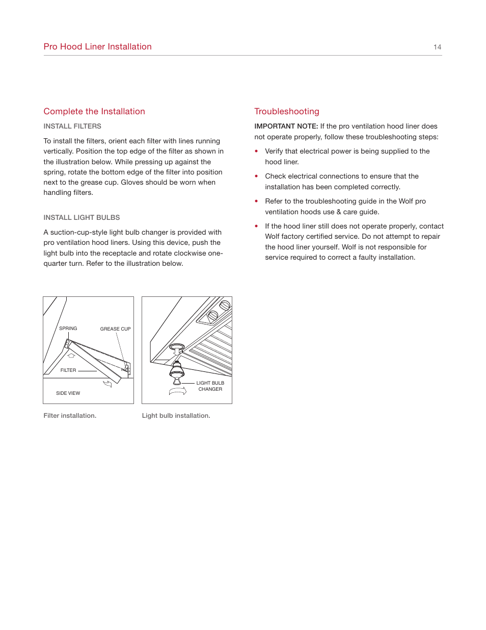 Pro hood liner installation, Troubleshooting, Complete the installation | Wolf Appliance Company L342212 User Manual | Page 14 / 16