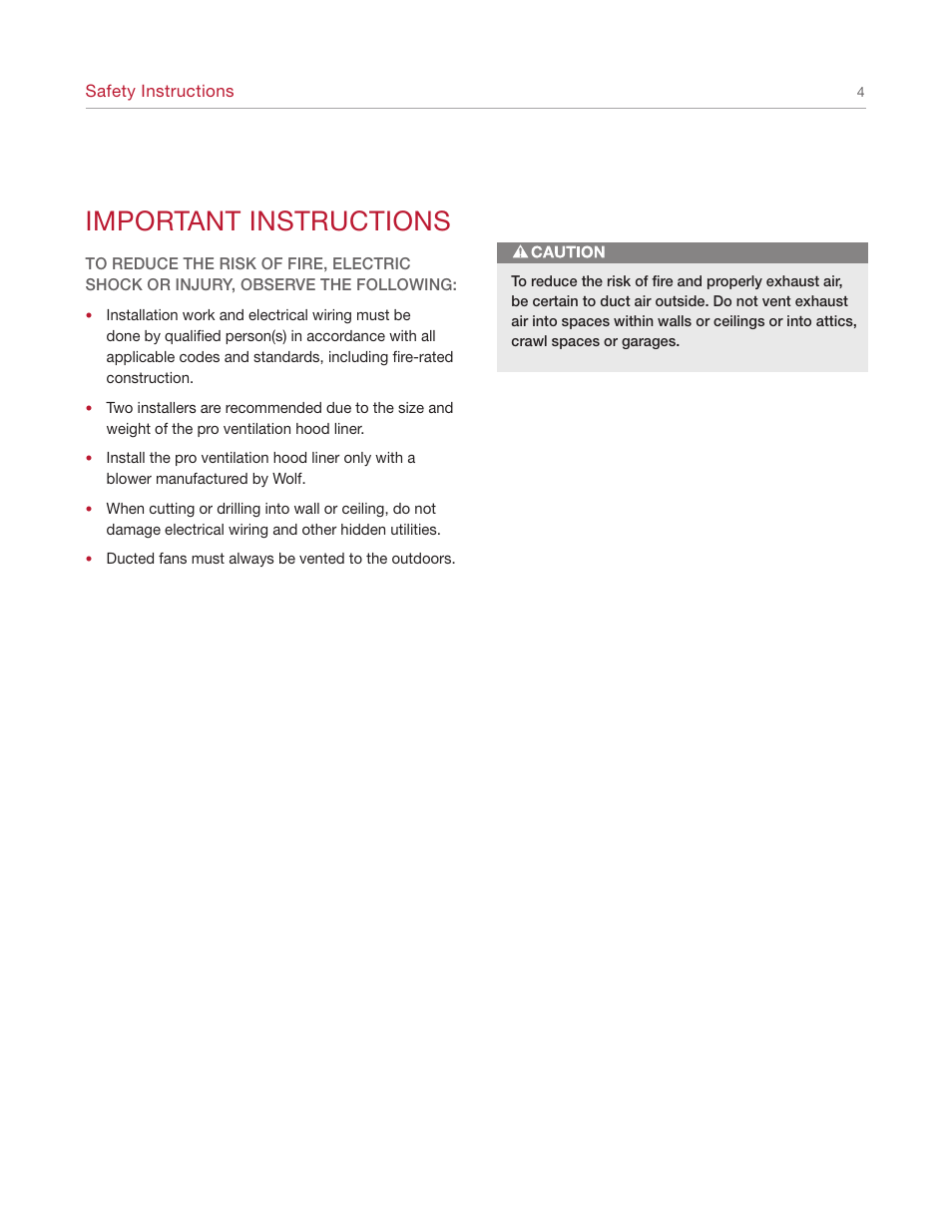 Important instructions | Wolf Appliance Company L342212 User Manual | Page 4 / 16