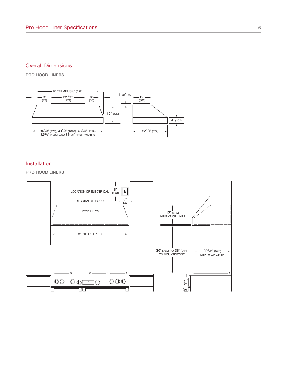 Pro hood liner specifications, Overall dimensions, Installation | Wolf Appliance Company L342212 User Manual | Page 6 / 16