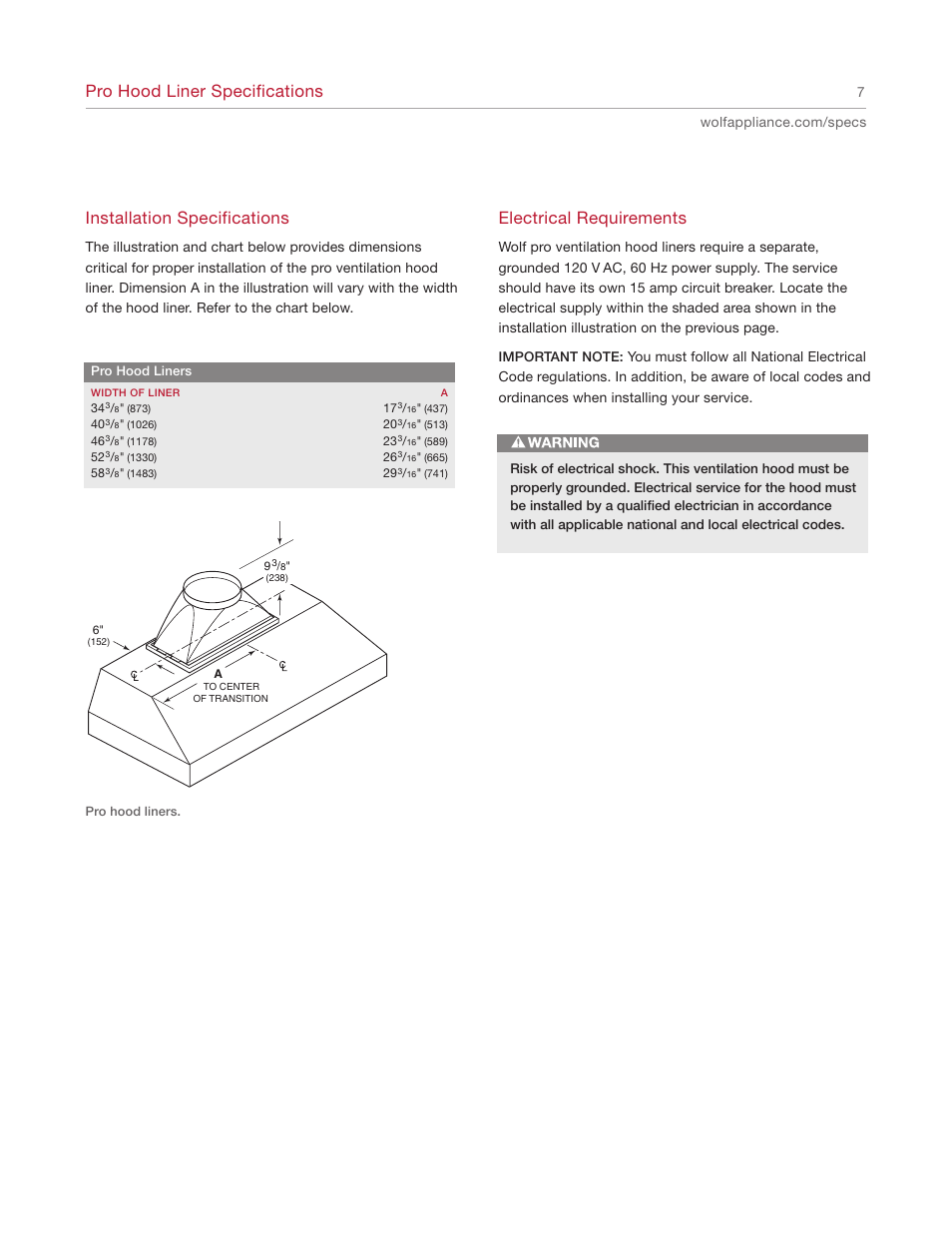 Pro hood liner specifications, Installation specifications, Electrical requirements | Wolf Appliance Company L342212 User Manual | Page 7 / 16