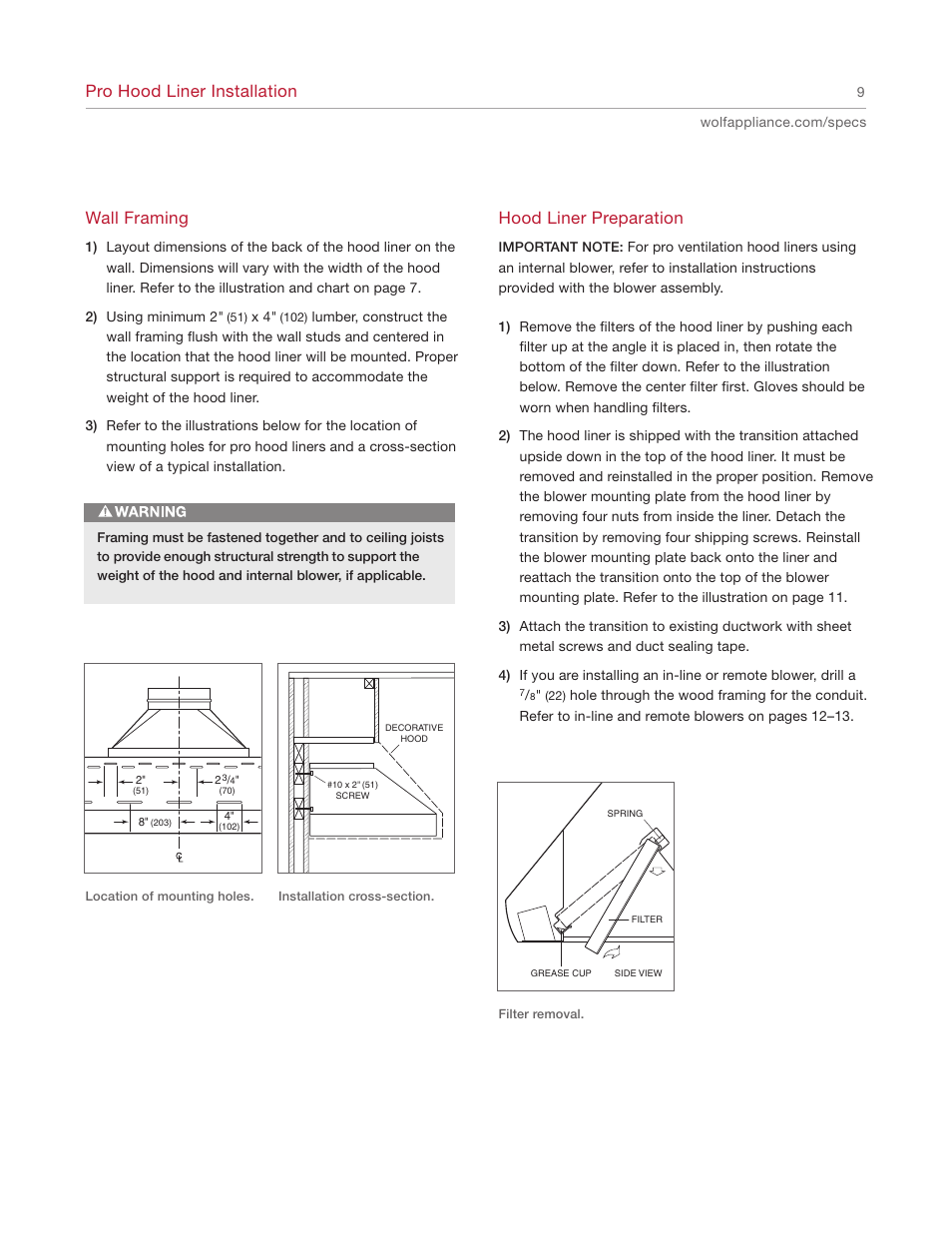 Pro hood liner installation, Wall framing, Hood liner preparation | Wolf Appliance Company L342212 User Manual | Page 9 / 16