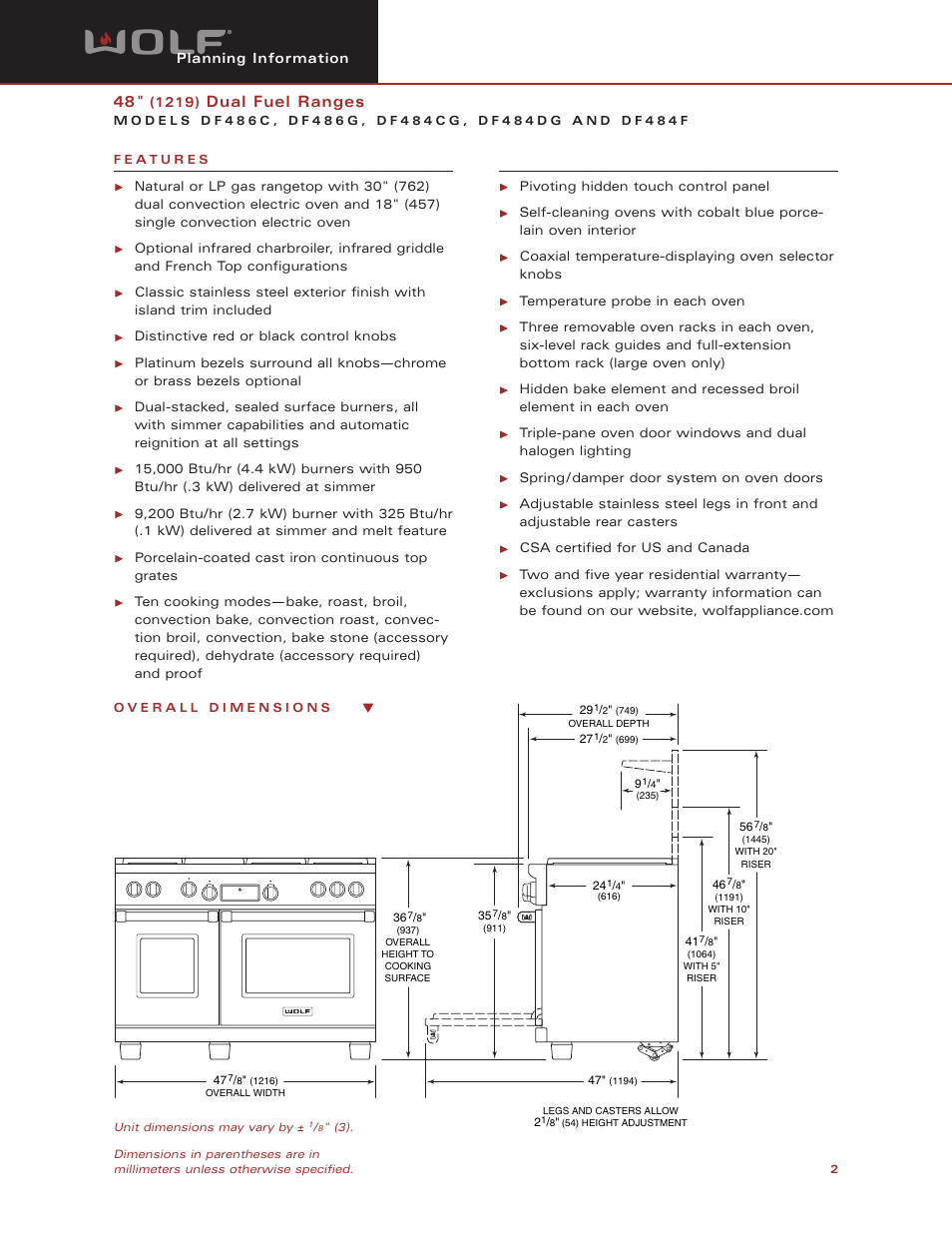 Dual fuel ranges | Wolf Appliance Company DF484CG User Manual | Page 2 / 5