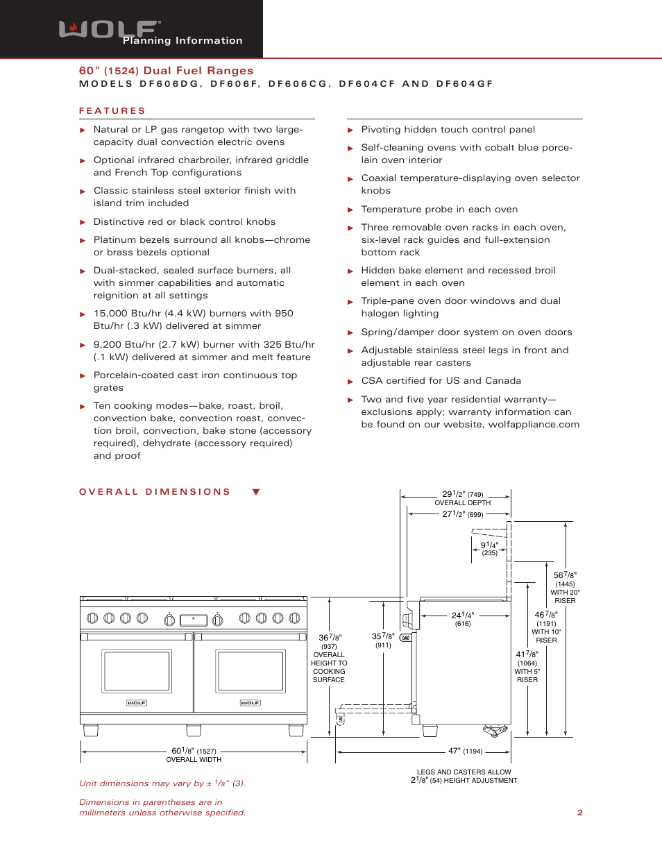 Dual fuel ranges | Wolf Appliance Company DF606F User Manual | Page 2 / 5
