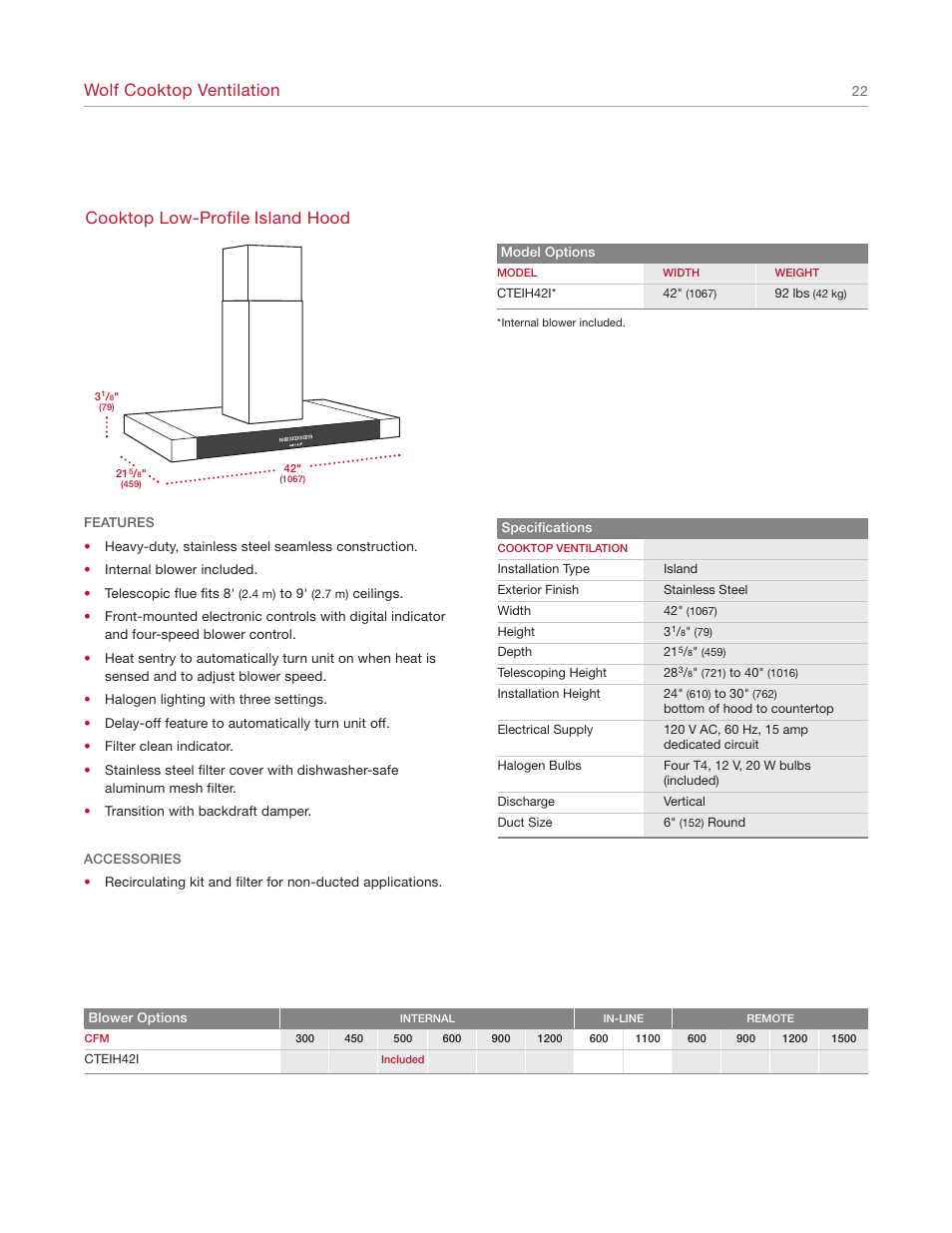 Wolf cooktop ventilation, Cooktop low-profile island hood | Wolf Appliance Company 1200 User Manual | Page 22 / 66