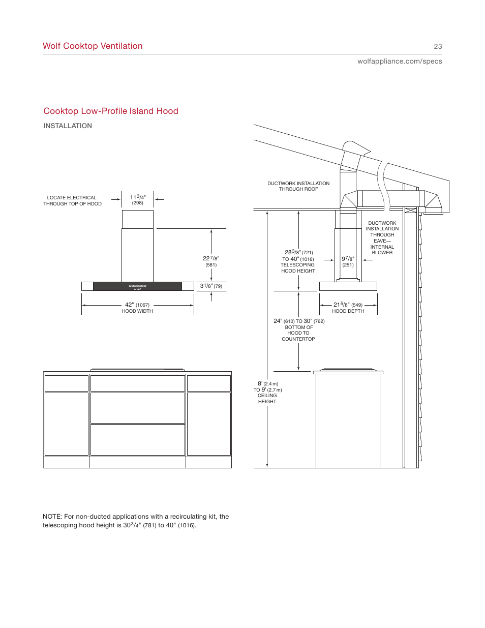 Wolf cooktop ventilation, Cooktop low-profile island hood | Wolf Appliance Company 1200 User Manual | Page 23 / 66