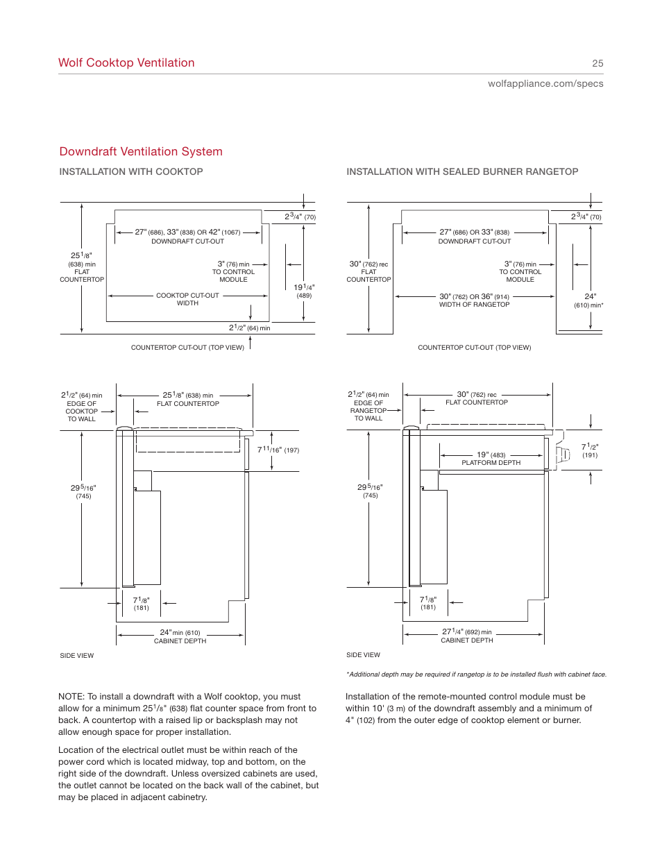 Wolf cooktop ventilation, Downdraft ventilation system | Wolf Appliance Company 1200 User Manual | Page 25 / 66