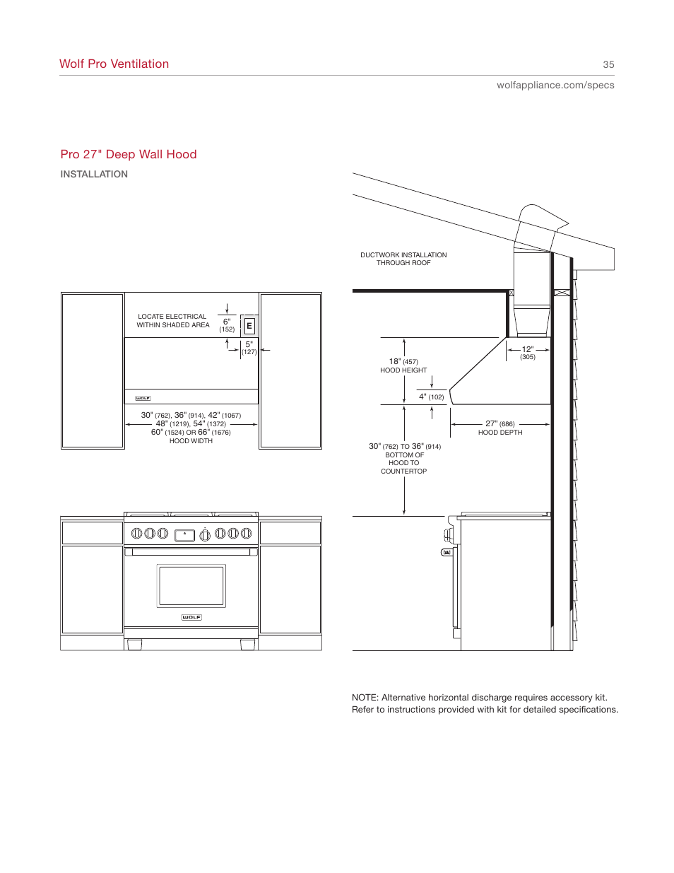 Wolf pro ventilation, Pro 27" deep wall hood | Wolf Appliance Company 1200 User Manual | Page 35 / 66