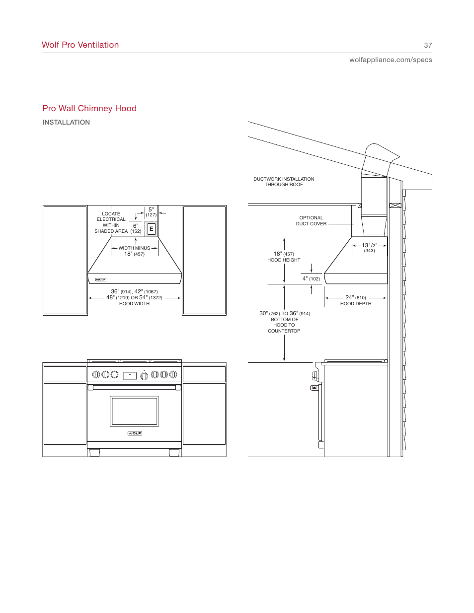 Wolf pro ventilation, Pro wall chimney hood | Wolf Appliance Company 1200 User Manual | Page 37 / 66