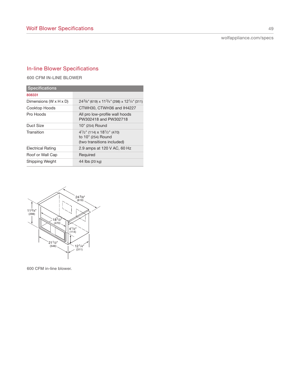 Wolf blower specifications, In-line blower specifications | Wolf Appliance Company 1200 User Manual | Page 49 / 66