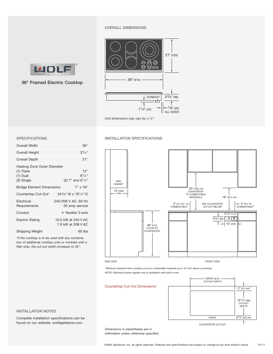 36" framed electric cooktop | Wolf Appliance Company CT36E/S User Manual | Page 2 / 2