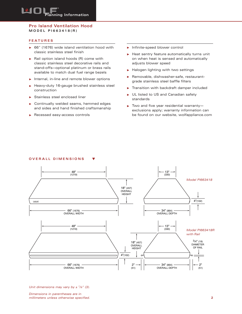 Pro island ventilation hood | Wolf Appliance Company PI663418 User Manual | Page 2 / 8