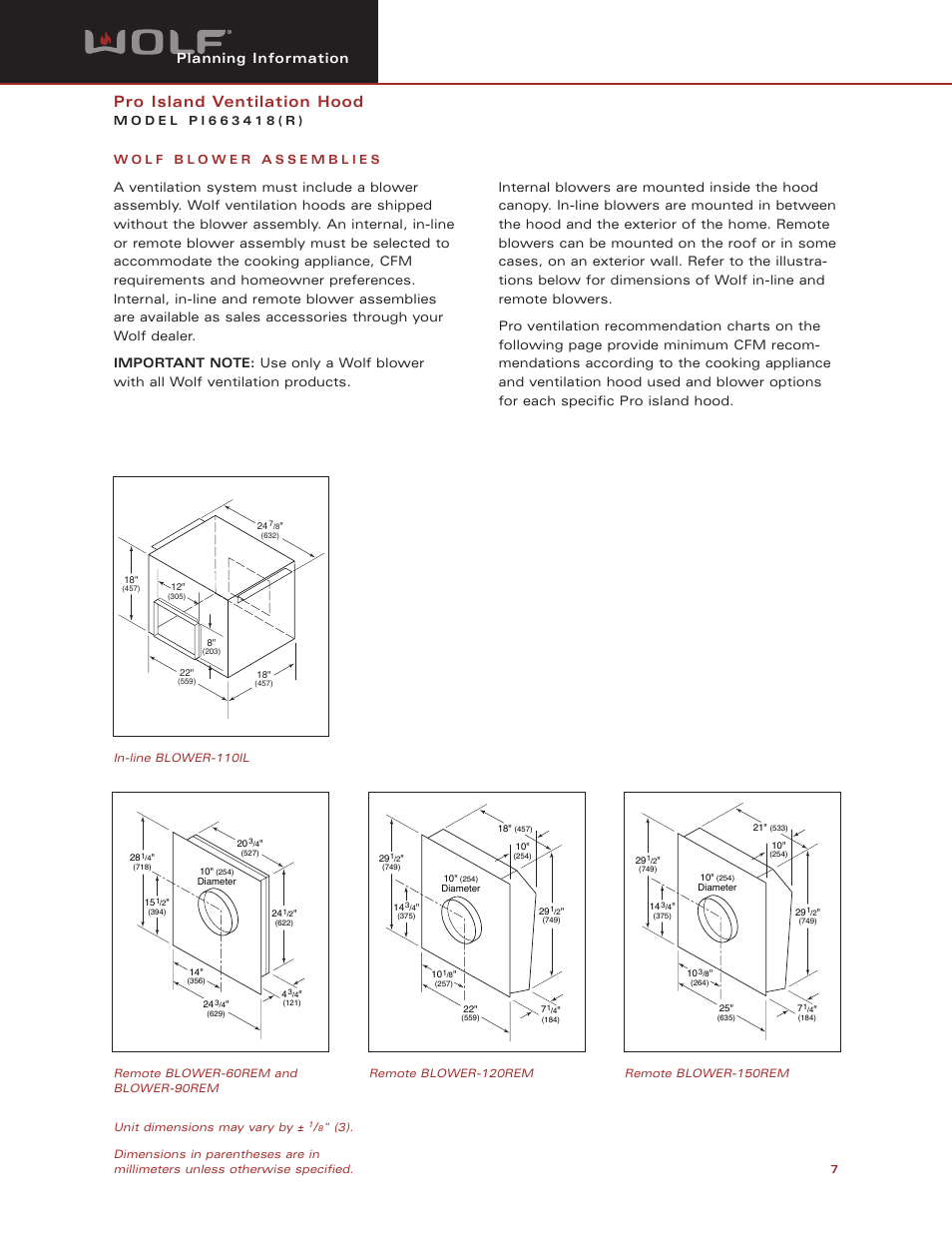 Pro island ventilation hood, Planning information | Wolf Appliance Company PI663418 User Manual | Page 7 / 8