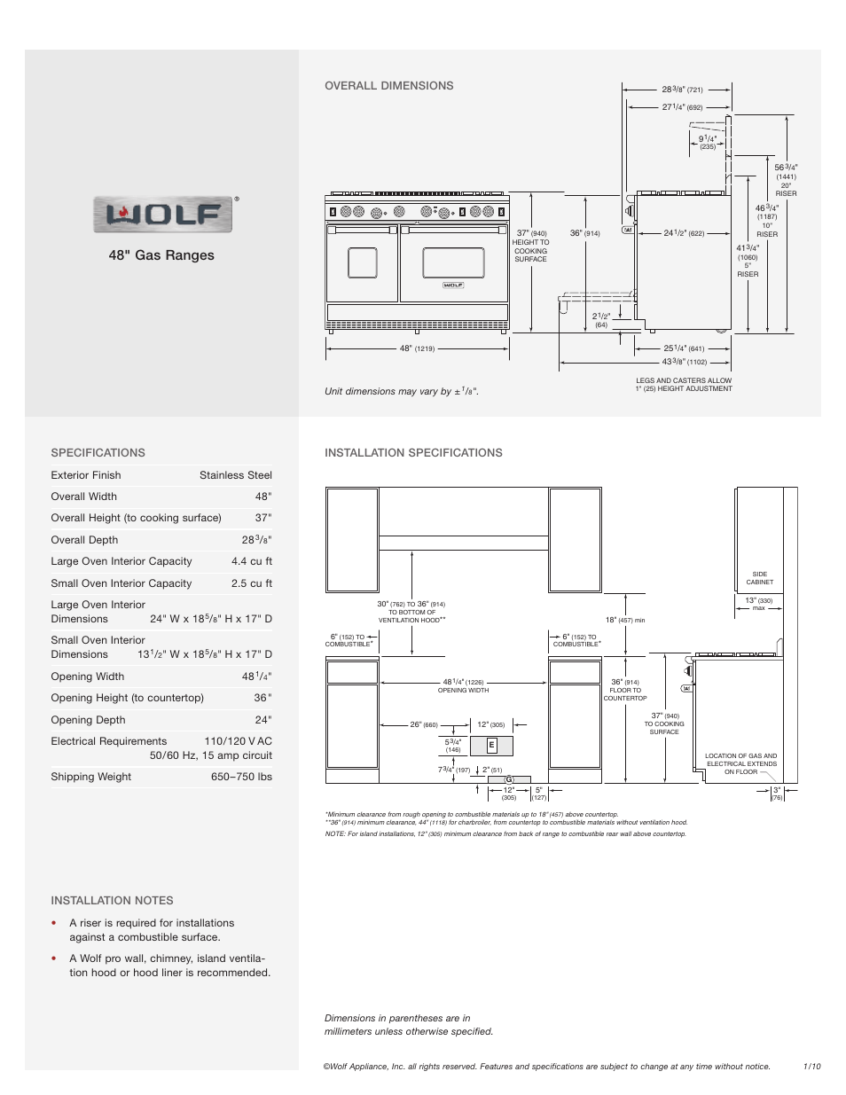48" gas ranges | Wolf Appliance Company R488 User Manual | Page 2 / 2