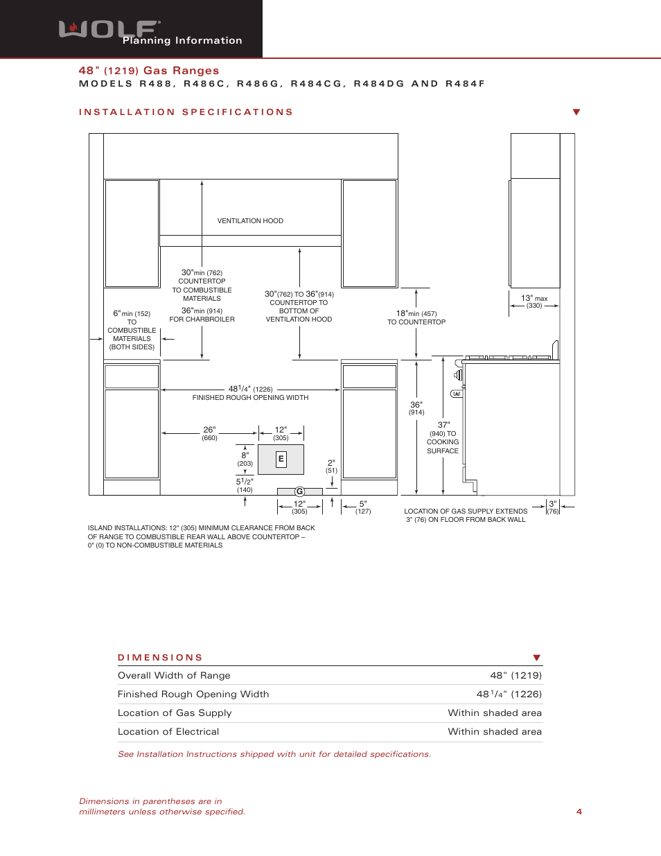 Gas ranges | Wolf Appliance Company R486G User Manual | Page 4 / 5