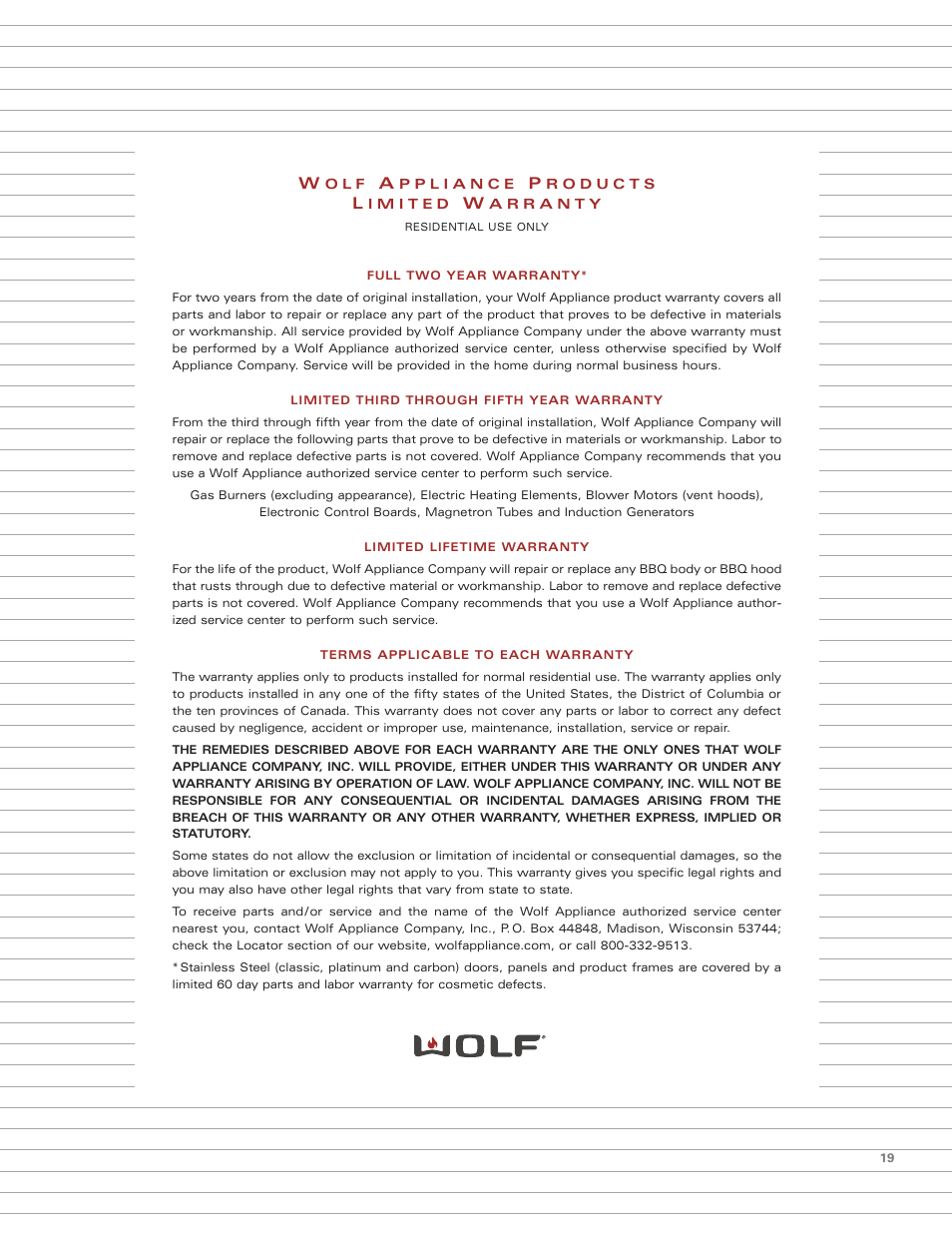 Wolf Appliance Company PWC482418R User Manual | Page 19 / 20