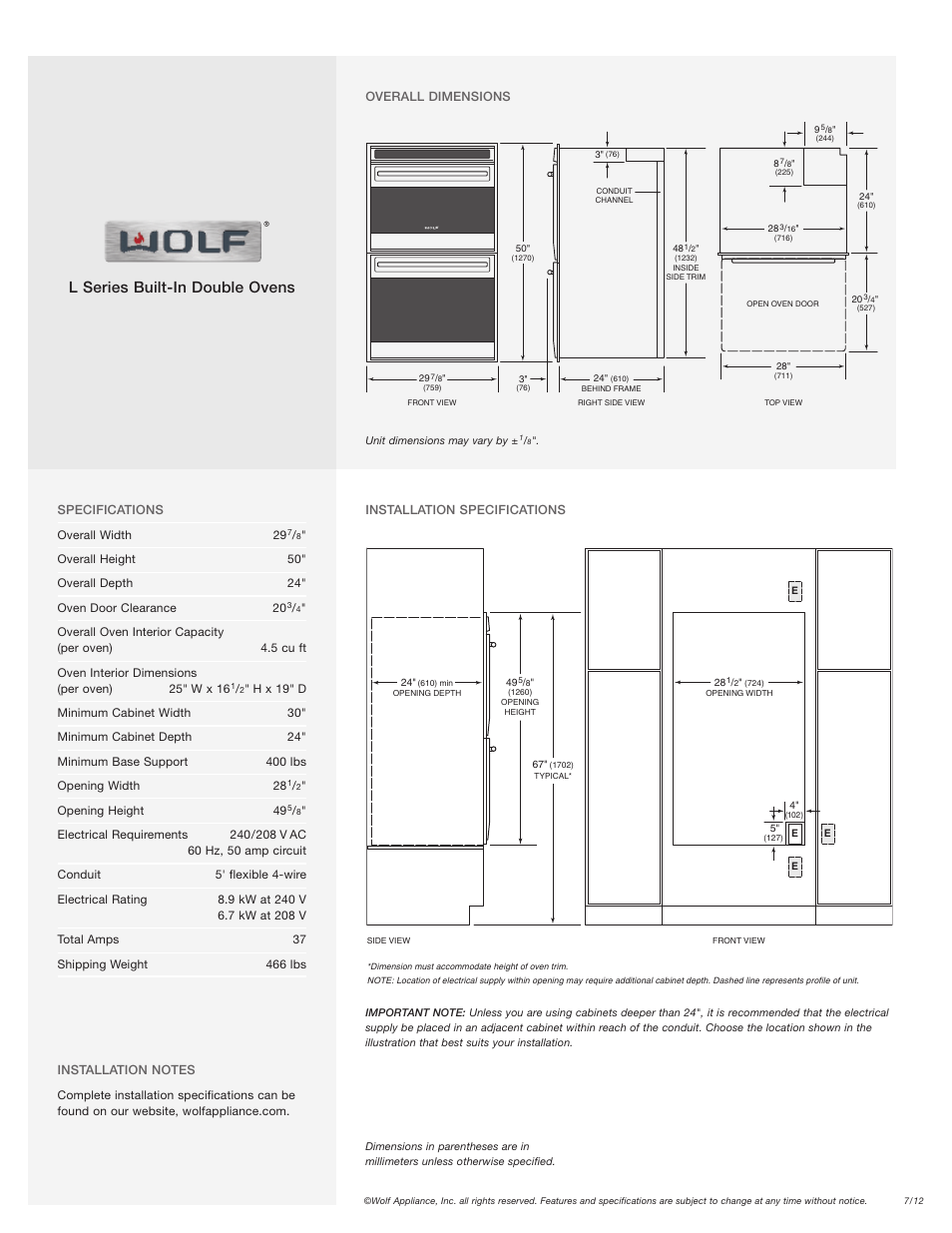 L series built-in double ovens | Wolf Appliance Company DO30F/S User Manual | Page 2 / 2