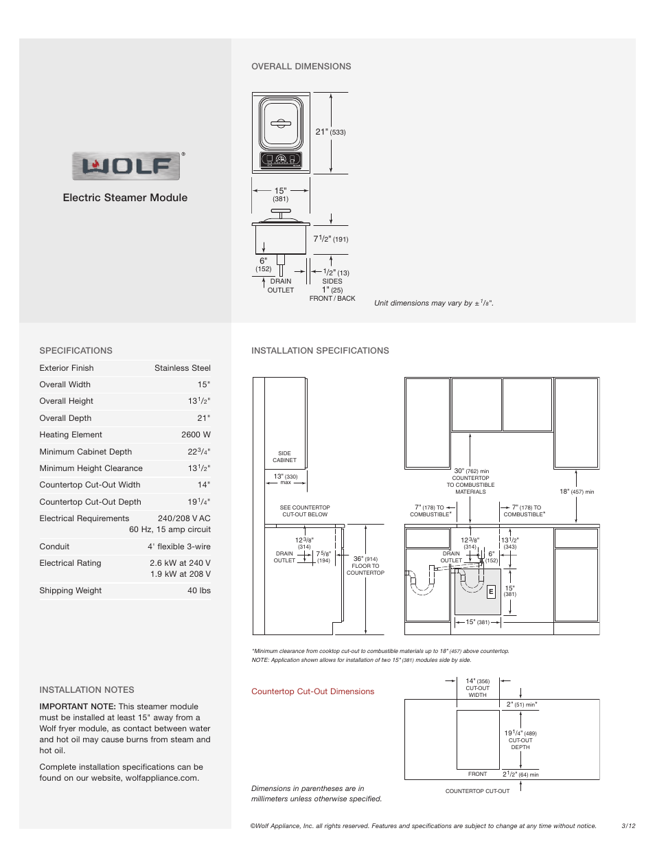 Electric steamer module | Wolf Appliance Company IS15/S User Manual | Page 2 / 2