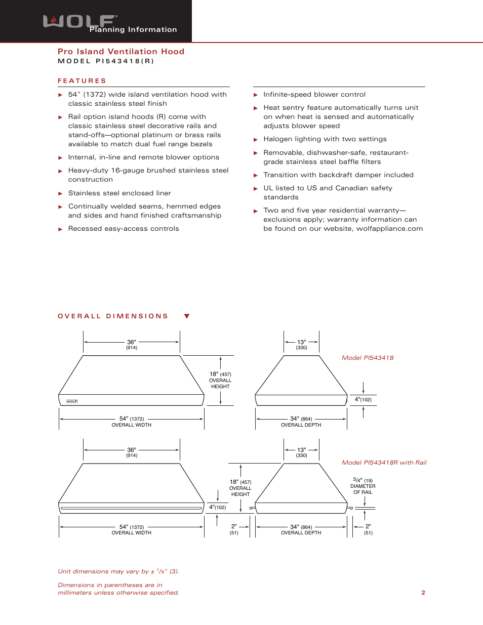 Pro island ventilation hood | Wolf Appliance Company PI543418( R ) User Manual | Page 2 / 8