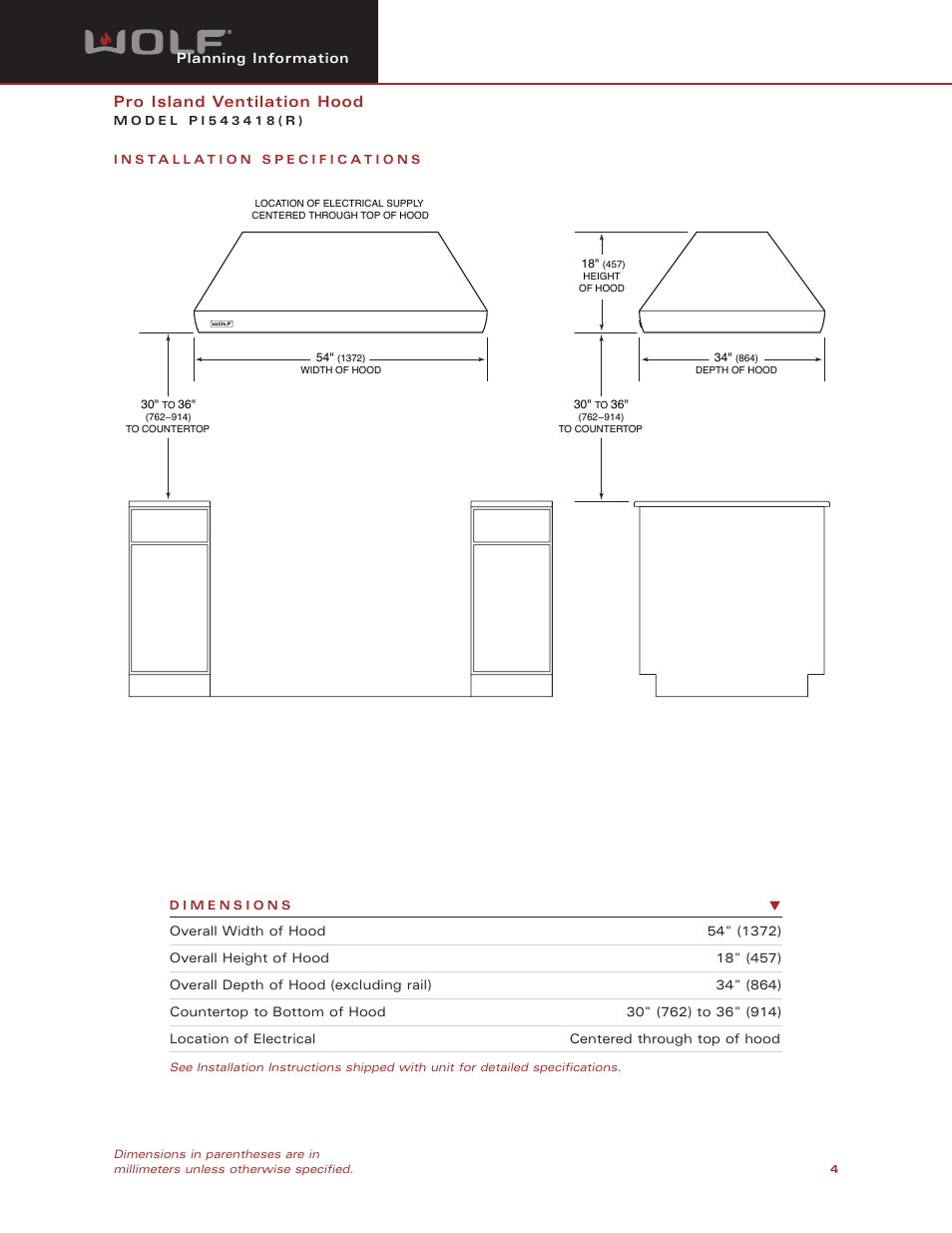 Pro island ventilation hood | Wolf Appliance Company PI543418( R ) User Manual | Page 4 / 8