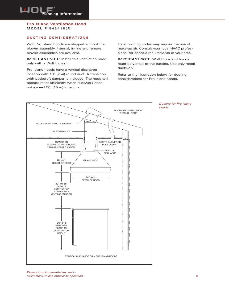 Pro island ventilation hood, Planning information | Wolf Appliance Company PI543418( R ) User Manual | Page 6 / 8