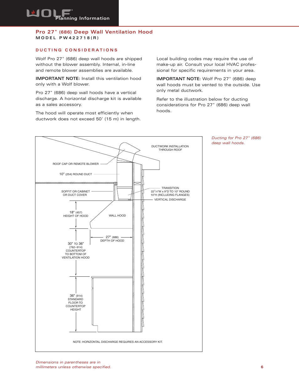 Pro 27, Deep wall ventilation hood, Planning information | Wolf Appliance Company PW422718 User Manual | Page 6 / 8