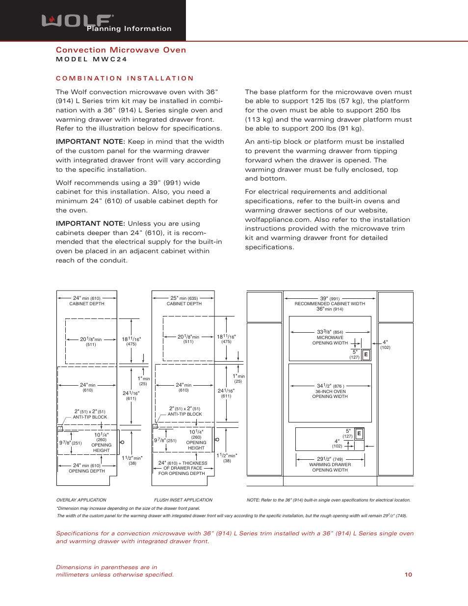 Convection microwave oven, Planning information | Wolf Appliance Company MWC24 User Manual | Page 10 / 10